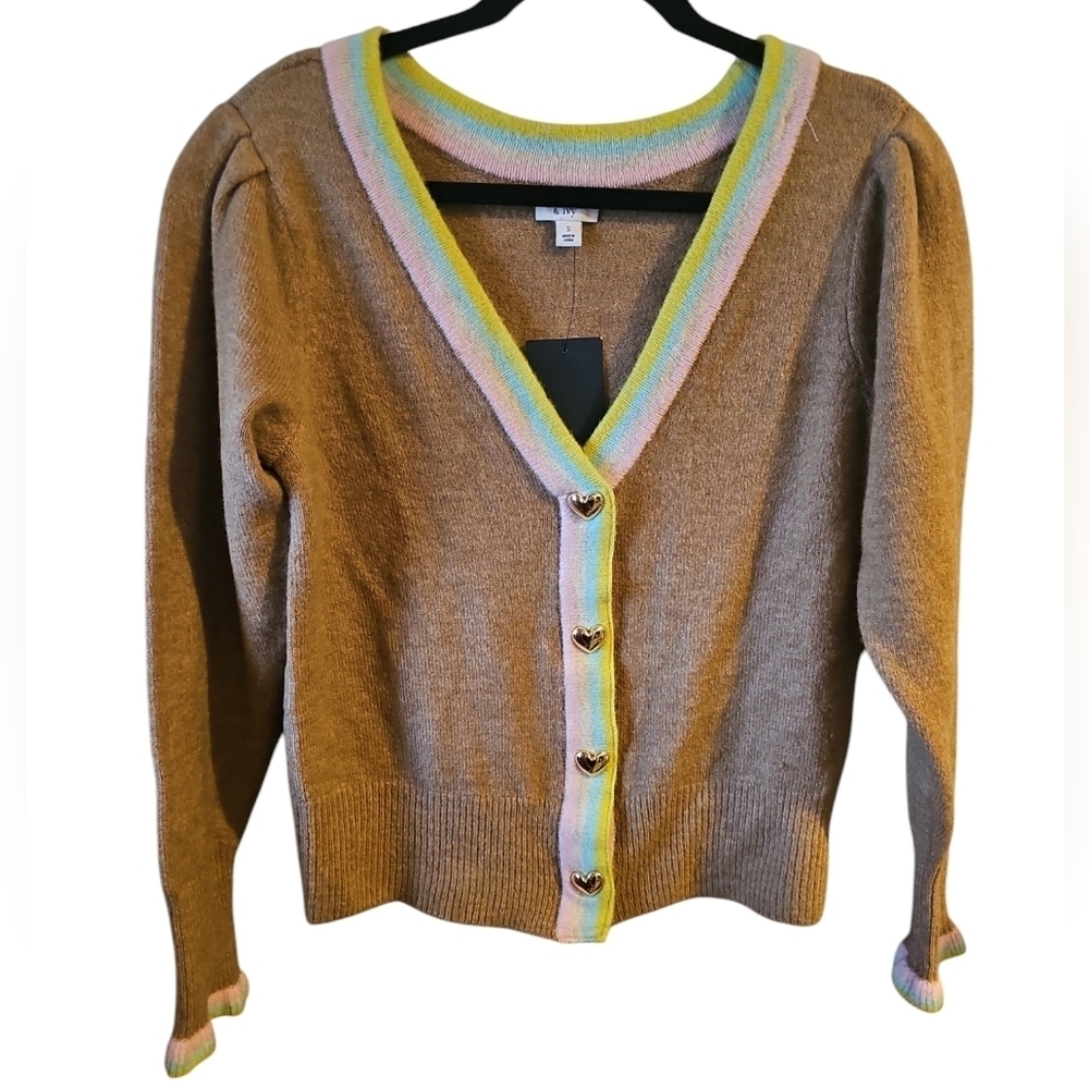 Crown & Ivy sz small tan cardigan rainbow heart buttons new